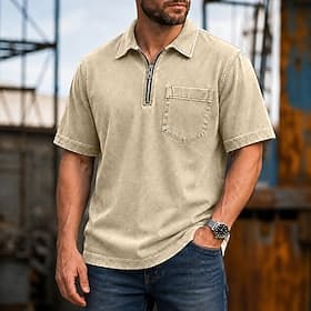 SoftFade™ Men's Polo Shirts 100% Cotton Acid Wash Shirt Casual Daily Wear Zip Quarter Zip Short Sleeve Vintage Basic Plain Pocket Distressed Summer Relaxed Fit