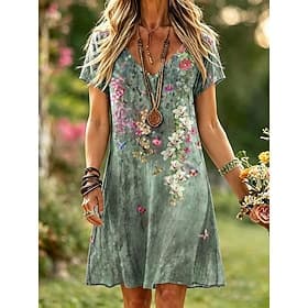 Damen Knielanges Kleid T-Shirt-Kleid A Linie Kleid Urlaub Lässig Boho Strand Normale Passform Blumen Grafik Kurzarm V Ausschnitt Rote Grün Sommer Frühling