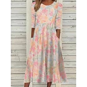 Women's Midi Dress Shift Dress Vacation Casual Boho Daily Summer Dress Spring Dress Regular Fit Floral Graphic Short Sleeve Crew Neck Blue Green Rainbow Summer