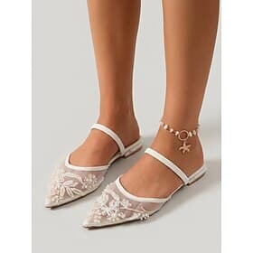 Weiße Damen-Sandalen aus Mesh – elegante, blumengestickte Pantoletten mit spitzer Zehenpartie und niedrigem Absatz für Abendveranstaltungen und Hochzeiten Luxu