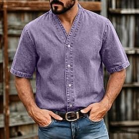 Men Shirt Casual Shirt Button Up Shirt 100% Cotton Acid Wash Shirt Acid Wash Shirt Pink Purple Gray Light Blue Short Sleeve Plain Grandad Collar Casual Daily B