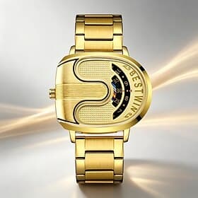 Men's Luxury Gold Watch Creative Unique Design Rolling Disc Dial Futuristic Cyberpunk Style Stainless Steel Band Waterproof Fashion Cool Casual Wristwatch Gift