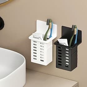 No Drill Wall-Mounted Toothbrush Holder, All-in-One Toothpaste Toothbrush Storage Rack, Practical Bathroom Organizer Shelf, Stylish Wall Hanging Storage Box,