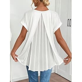 Women's Shirt Boho Shirt Pleated Elegant Vacation Daily Short Sleeve V Neck Long Tops Casual Daily Going out Black White Pink Sky Blue Green Summer Spring