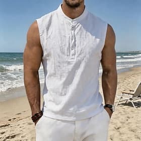 Men's Shirt Popover Shirt Summer Shirt Beach Shirt Cotton Linen Shirt Solid Color Casual Outdoor Black White Navy Blue Military Green Sleeveless Band Collar Su