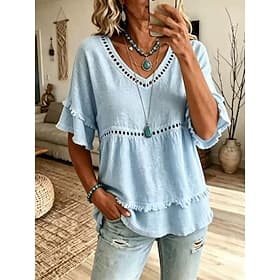 Women's Blouse Lace Solid Color Vintage Stylish Casual Short Sleeve V Neck Regular Tops Casual Daily Blue Khaki Pink Purple Beige Summer Spring