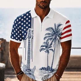4th of July 2026 250th Men's American US Flag Palm Tree Zip Polo Shirts Short Sleeve Polo Shirts Collared Shirts Casual Party Evening Wear Dailywear 3D Print Q