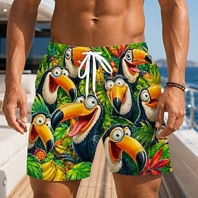 Herren Kokospalme Banane Tukane Badehosen Badeanzüge Badeshorts Boardshorts Mittlere Taille Hawaiianisch Strandurlaub Seitentaschen Netzfutter Elastischer Kord