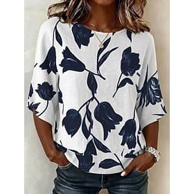 Women's Blouse Print Floral Graphic Bohemia Vintage Tropical 3/4 Length Sleeve Crew Neck Regular Tops Casual Daily Vacation Wear Blue White Pink Green Beige Su