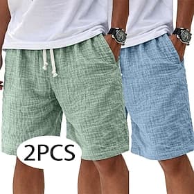 Men's Shorts Linen Shorts Summer Shorts Beach Shorts Casual Shorts Drawstring Elastic Waist Solid Color Textured Lightweight Breathable Knee Length Daily Outdo