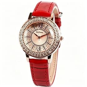 Women's Rose Gold Watch with Red Leather Strap, Sparkling Rhinestone Bezel Ladies Fashion Watch, Elegant Sunray Dial Roman Numerals Analog Quartz Wristwatch, L