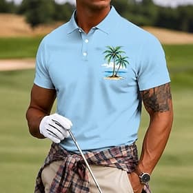 Men's Palm Tree Golf Sports Polo Shirts Short Sleeve Polo Shirts Lapel Casual Resort Athleisure Vacation Wear 3D Print Buttons Breathable Mesh Spring Summer B