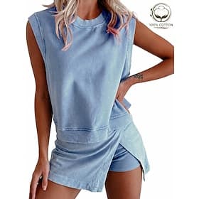 SoftFade™ Women's T Shirt Pants Sets Sleeveless Crew Neck Solid Color Elegant Fashion Casual Daily Khaki Pink Sky Blue Summer Regular Fit