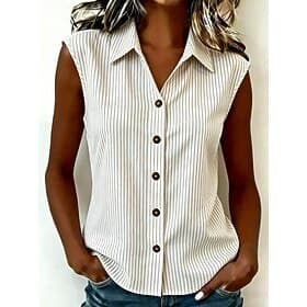 Femmes Chemise Chemisier Rayé Élégant Occasionnel Sans manches Col Polo Hauts Réguliers Occasionnel Bleu Blanche Jaune Rose Claire Marron Été Printemps