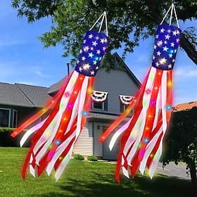 Patriotic Windsock 4th of July American Flag Windsock LED Lighted Hanging Wind Sock Red White Blue Outdoor Decorations for Yard Garden Porch Party
