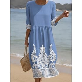 Women's Maxi Dress Shift Dress Sundress Vacation Casual Beach Going out Loose Fit Graphic Tribal 3/4 Length Sleeve Crewneck Blue Pink Purple Orange Summer Spri