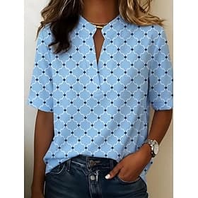 Women's Blouse Buttons Print Graphic Geometric Vintage Stylish Modern Short Sleeve Shirt Collar Regular Tops Casual Daily Blue Yellow Summer Spring