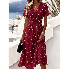 Femmes Robe Midi Robe trapèze Vacances Occasionnel Boho Coupe régulière Fleuri Graphique Manche Courte Col en V Bleu Rouge Vert Été Printemps