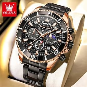 OLEVS Men's Watches Luxury Chronograph Business Fashion Stainless Steel Waterproof Wristwatch for Men with Sun Moon Phase Luminous Date Quartz Multi-Function B