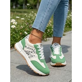 Women's Green Leopard Print Sneakers - Lace Up Low Top Shoes, Comfortable Casual Footwear for Daily Wear, Walking Travel
