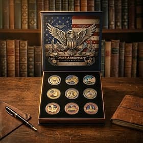 9 Pcs U.S. 250th Anniversary Commemorative Coin Gift Set Patriotic Military Challenge Coins Collection with Display Box, America 1776-2026 Memorial Souvenir Gi