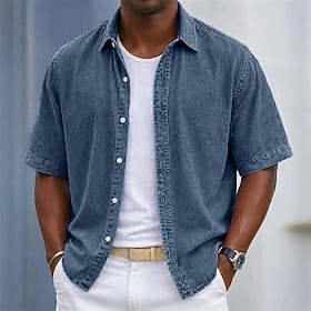 Men's Shirt Casual Shirt Button Up Shirt Garment Dyed Acid Wash Shirt Black Pink Navy Blue Purple Green Short Sleeve Plain Shirt Collar Casual Daily Plain Clot