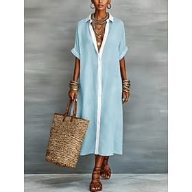 Women's Maxi Dress Linen-feel Dresses Shift Dress Summer Dress Casual Daily Loose Fit Plain 3/4 Length Sleeve Lapel Black Pink Sky Blue Green Summer Spring