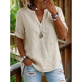 Women's Blouse Solid Color Vintage Stylish Classic Short Sleeve V Neck Long Tops Casual Daily Blue Green Beige Summer Spring