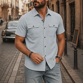 Men Shirt Waffle Shirt Casual Shirt Button Up Shirt Cargo Shirt Black White Burgundy Military Green Apricot Short Sleeve Plain Shirt Collar Casual Daily Front