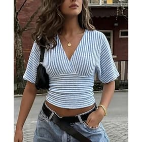 Damen Sommeroberteile Gerippt Vintage Stilvoll Kurzarm V Ausschnitt Crop Tops Lässig Täglich Blau Khaki Schwarz Gelb Sommer Frühling
