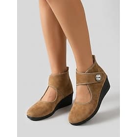 Damen-Sandalen mit Keilabsatz, runder Zehenpartie und Bohème-Stil, aus Wildlederimitat, Knöchelriemen, in Weinrot, Schwarz und Braun