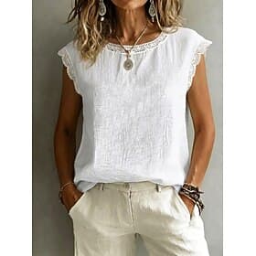 Women's Blouse Lace Tops Lace Solid Color Elegant Vintage Short Sleeve Crew Neck Regular Tops Casual Beach Summer White Sky Blue Apricot Summer Spring