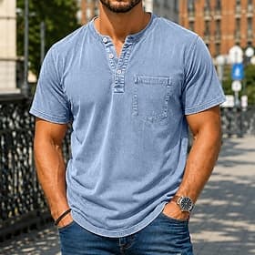 Homme Chemise Henley Chemise 100% coton délavée à l'acide T-shirt Manche Courte Uni Rétro Vintage Occasionnel Affligé Le style rétro Lavé Henley Occasionnel Ét
