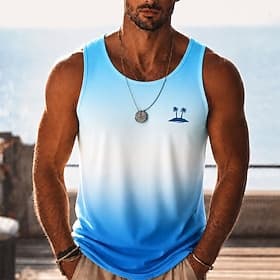 Men's Gradient Coconut Palm T Shirt Vest Top Sleeveless T shirt 3D Print Crew Neck Scoop Neck Shirt Hawaiian Casual Daily Holiday Blue Purple Green Summer Spri