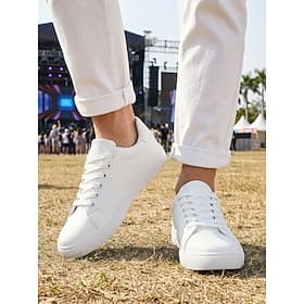 Men's White Music Festival Sneakers - Lightweight Comfort Lace-Up Casual Shoes - Minimalist Low-Top Footwear for Concerts, Outdoor Events, Travel and Everyday