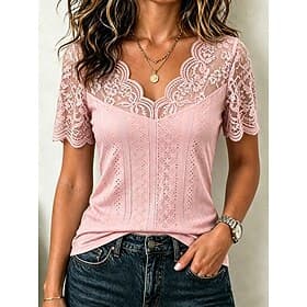 Women's Eyelet Top Pointelle Tee Lace Tops Lace Patchwork Plain Elegant Modern Short Sleeve V Neck Regular Tops Casual Daily Black Lotus Root Pink White Pink G