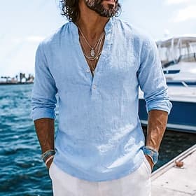 Men Shirt Linen Shirt Summer Shirt Beach Shirt Solid Color Casual Vacation Blue Black White Navy Blue Long Sleeve V Neck Summer Clothing Apparel Plain