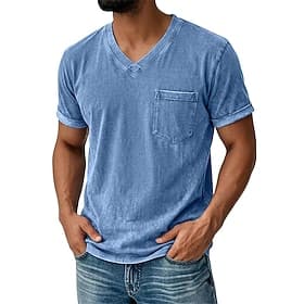 Men's T Shirt 100% Cotton Acid Wash Shirt Tee Top Short Sleeve V Neck Summer Spring Fall Plain Retro Vintage Casual Vintage Style Roll up Sleeves Distressed Ca