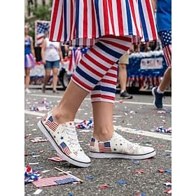 Women's White Patriotic American Flag Canvas Sneakers – Lightweight Lace-Up Walking Shoes for Independence Day, Parade, 4th of July Fireworks USA Celebration