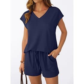 Dames T-shirt Broeken Sets Korte mouw V-hals Effen Kleur Elegant Vakantie Modieus Casual Dagelijks Ondiep meer groen Zwart Marineblauw Zomer Normale pasvorm