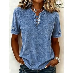T-shirt Henley Softfade™ pour femme, 100 % coton, style vintage, manches courtes, manches longues, décontracté, idéal pour la plage, bleu, rose, gris, été et p