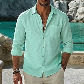 Men Shirt Linen Shirt Summer Shirt Beach Shirt Solid Color Casual Vacation Blue White Pink Green Long Sleeve Lapel Spring Summer Summer Clothing Apparel Plain