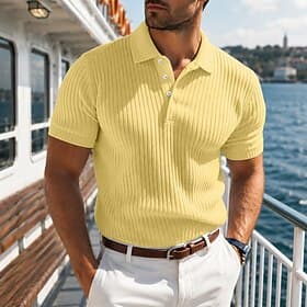 Per uomo Top a Maglia a Coste Testurizzato Casuale Lavoro Bavero Colletto Polo a Coste Manica Corta Essenziale Moderno Semplice Bottoni Lavorato a maglia Prima