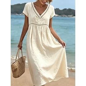 Women's Midi Dress Linen-feel Dresses Shift Dress Summer Dress Casual Regular Fit Plain Short Sleeve V Neck Blue Pink Royal Blue Green Summer Spring