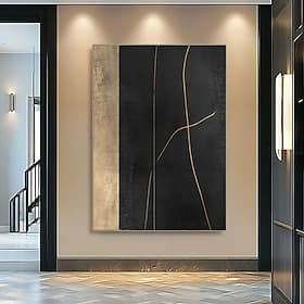 Moderne, abstrakte Leinwandkunst mit vertikalen Streifen in Gold und Schwarz – ein elegantes, metallisches Akzentmotiv für zeitgenössische Wohnkultur.