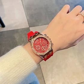 Ladies Fashion Watch, Iced Out Diamond Octagon Bezel Red Silicone Band Quartz Wristwatch, Rose Gold Luxury Elegant Wrist Watch for Women Girls, Valentines Birt