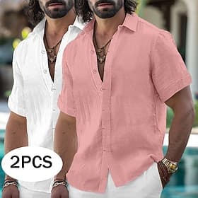 Herren Hemd Leinenhemd Sommerhemd Freizeithemd Strandhemd Knopfhemd Einfach Lässig Täglich Weiss Rosa Grün Pink GrünKhaki Weiss schwarz Kurzarm Kragen Somme