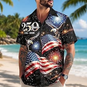 4 juli 2026 250e Voor heren Amerikaanse vlag 1776 Overhemd Zomer overhemd Overhemd met knopen Korte mouw Vaderlandslievend Buiten Festival Zomer Lente Strijkij