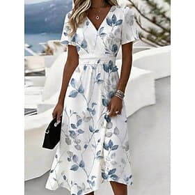 Women's Midi Dress Shift Dress Vacation Casual Boho Daily Summer Dress Spring Dress Regular Fit Floral Graphic Leaf Short Sleeve V Neck Blue Light Pink White G