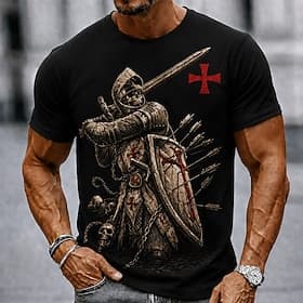 Men's Knights Templar Crusaders Cross T Shirt Short Sleeve T shirt 3D Print Crew Neck Shirt Religious Street Dark Party Black Khaki Dark Blue All Seasons Cloth